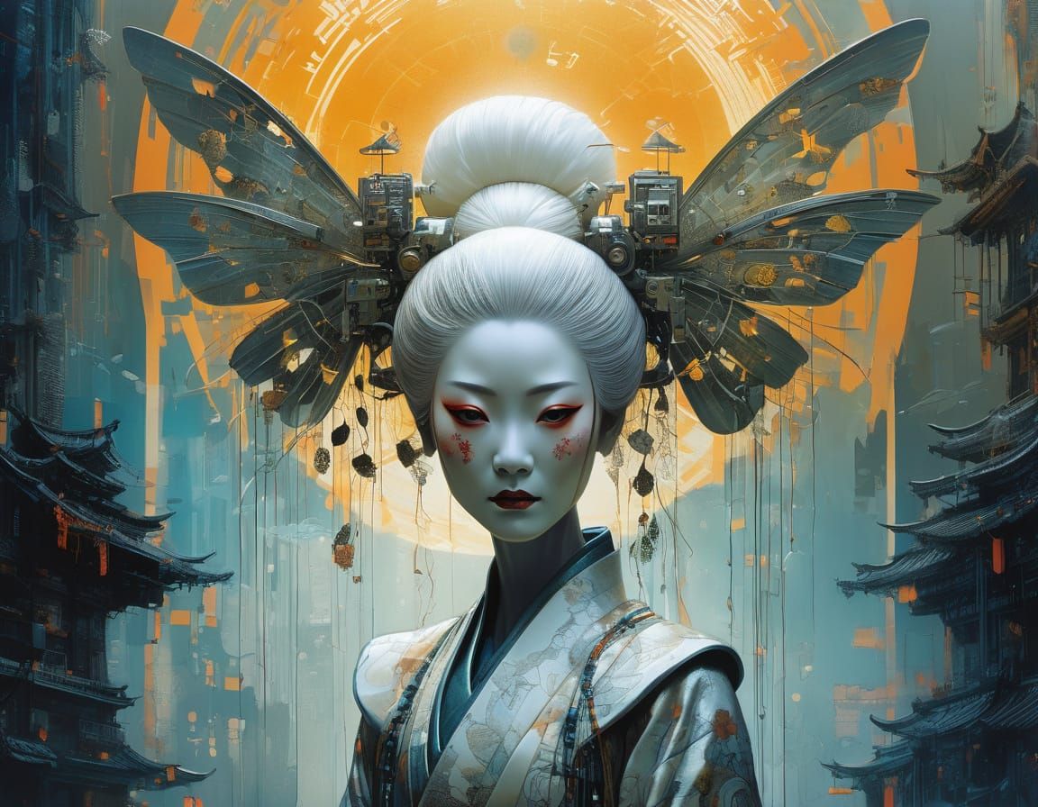 Surreal Android Geisha with Radiant Circuitry in a Futuristi...