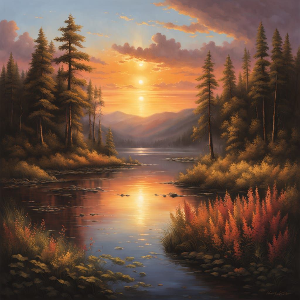 Sunset Serenity in a Lush Forest Landscape