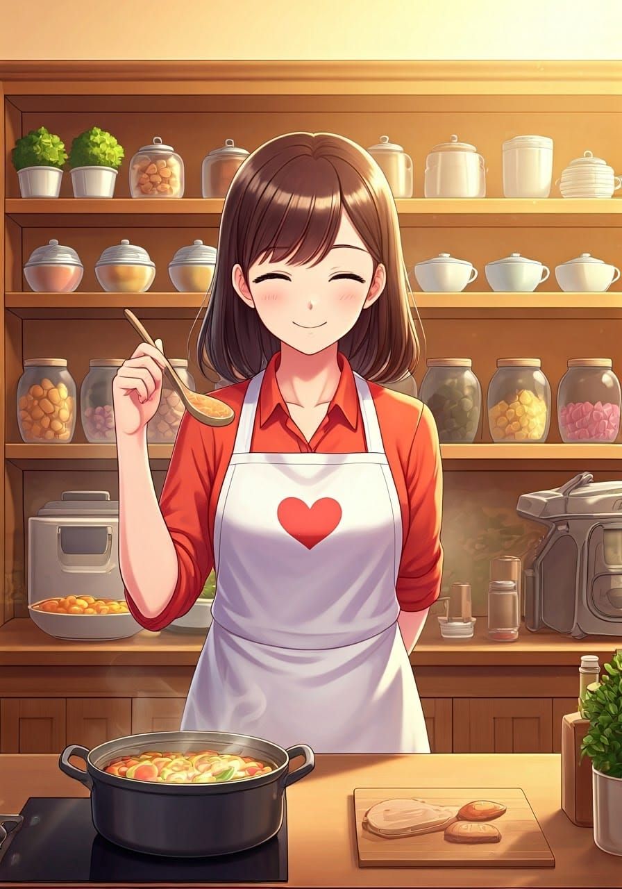 Chef Woman in Anime-Style Kitchen, Surrounded by Vibrant Ing...