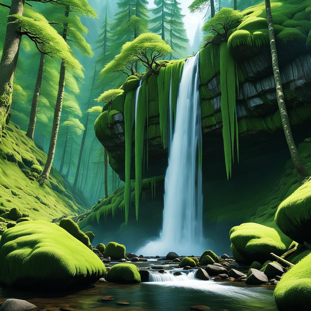 Waterfall in Mountain Forest, High-Definition Matte Image
