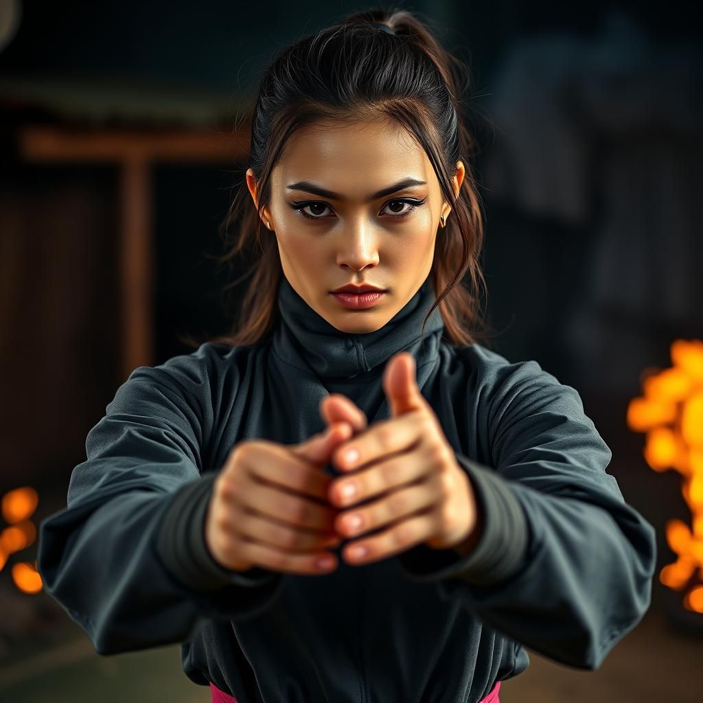 Indonesian Woman Demonstrates Pencak Silat with Fire Effect