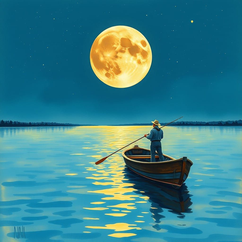 Peaceful Fisherman in Golden Hour at Serene Lake