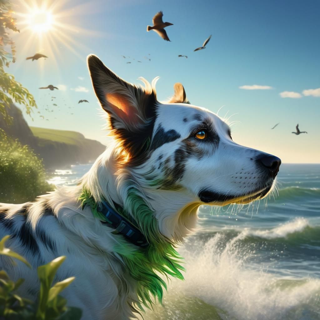 Dog's Seaside Holiday in Hyperrealistic Splash Art