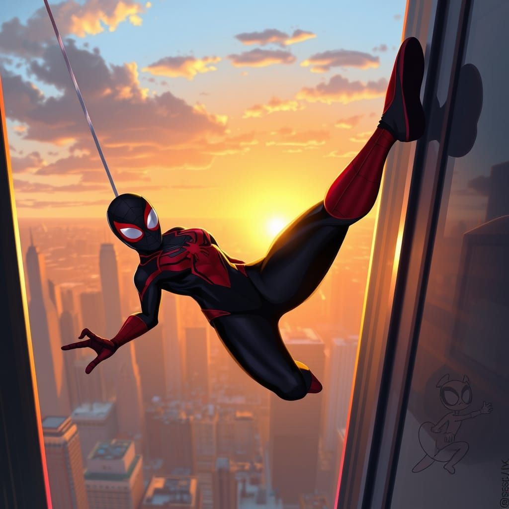 Spider-Woman Swings Through Cityscape: Digital Comic Art