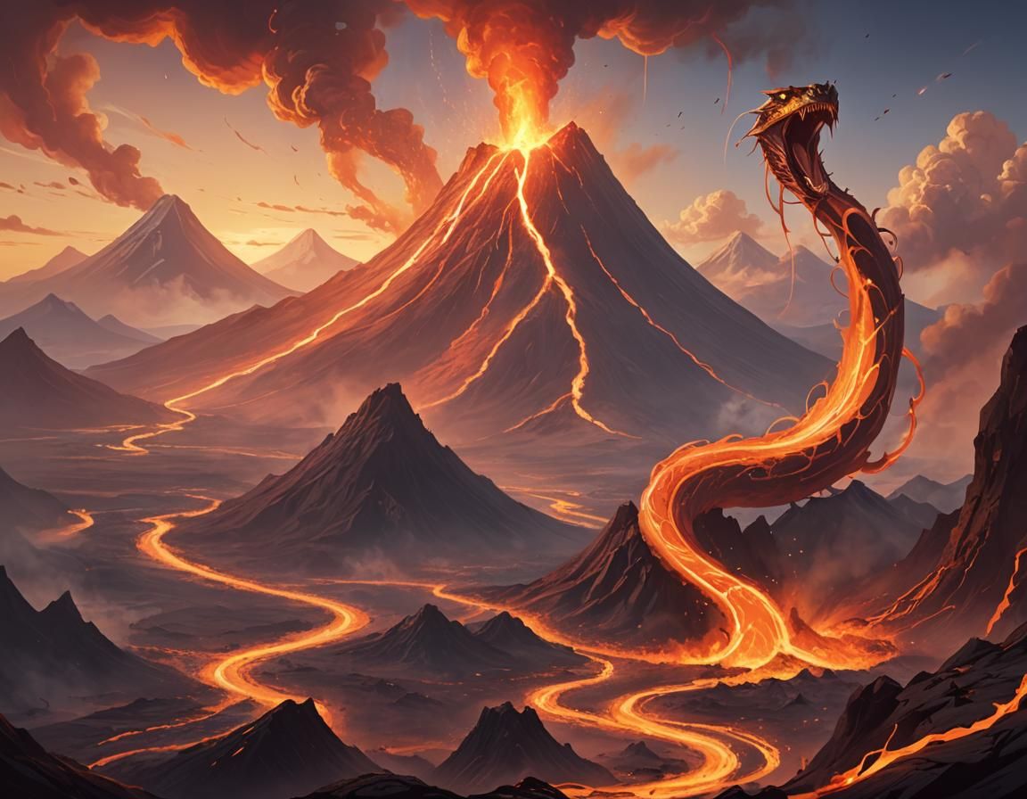 Erupting Volcano Mountain with Lava Snake
