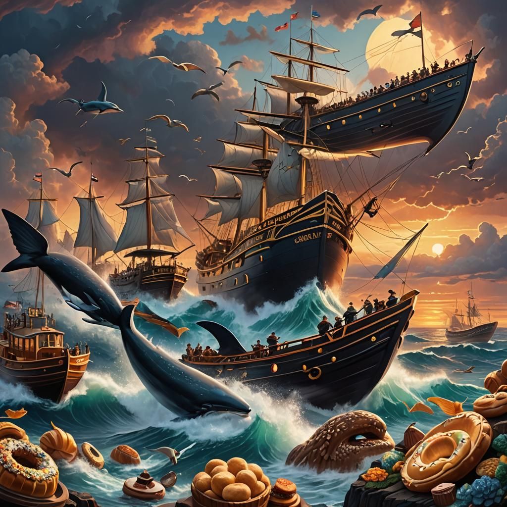 Ocean Creatures' Sunset Feast in Art Deco Style