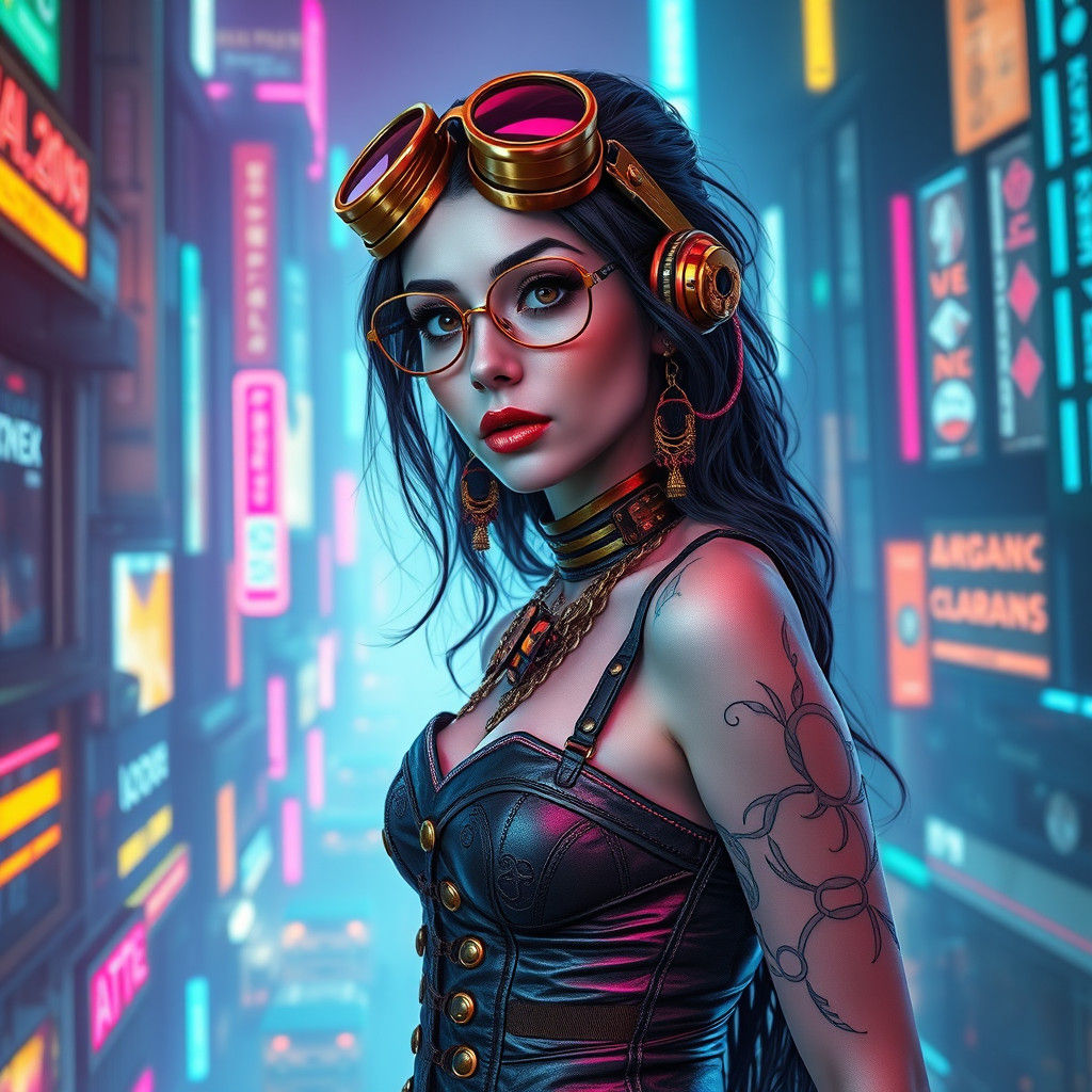 Steampunk Woman in Cyberpunk City with Neon Lights
