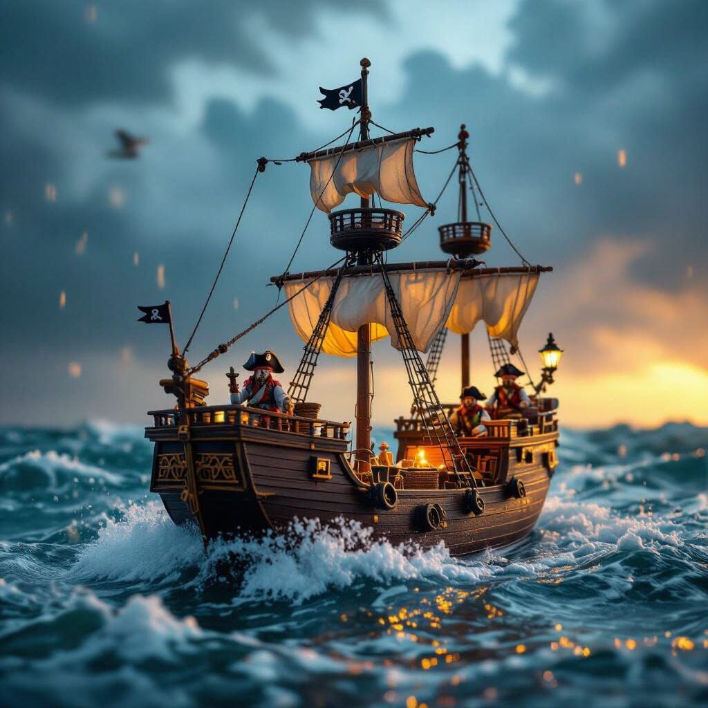 Miniature Pirate Ship Sails Stormy Seas