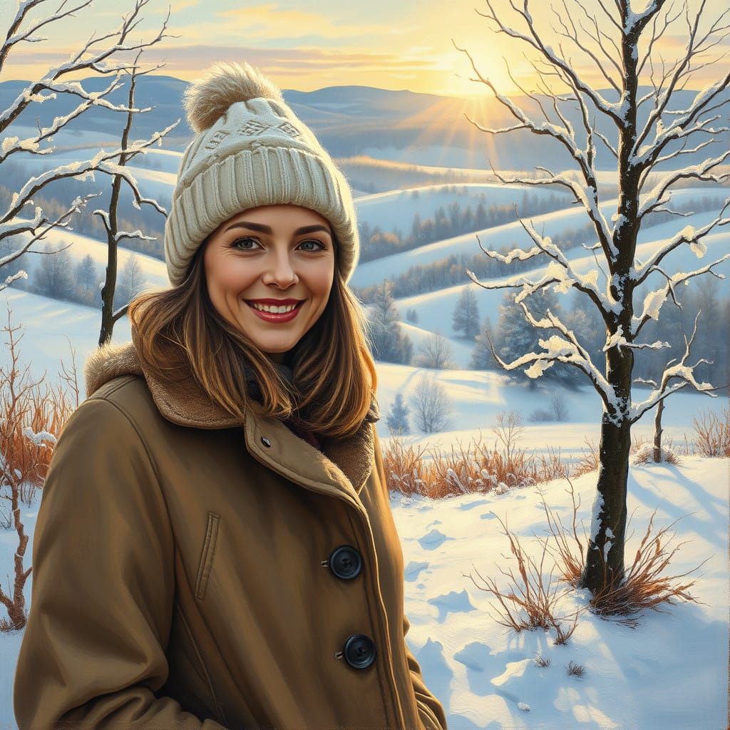 Serene Woman in Snowy Winter Landscape, Oil Painting Style