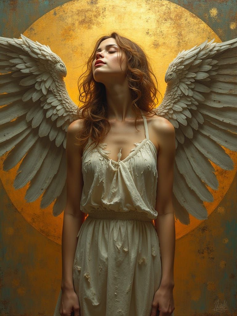 Woman with Wings in Verdigris Gold Oil Painting