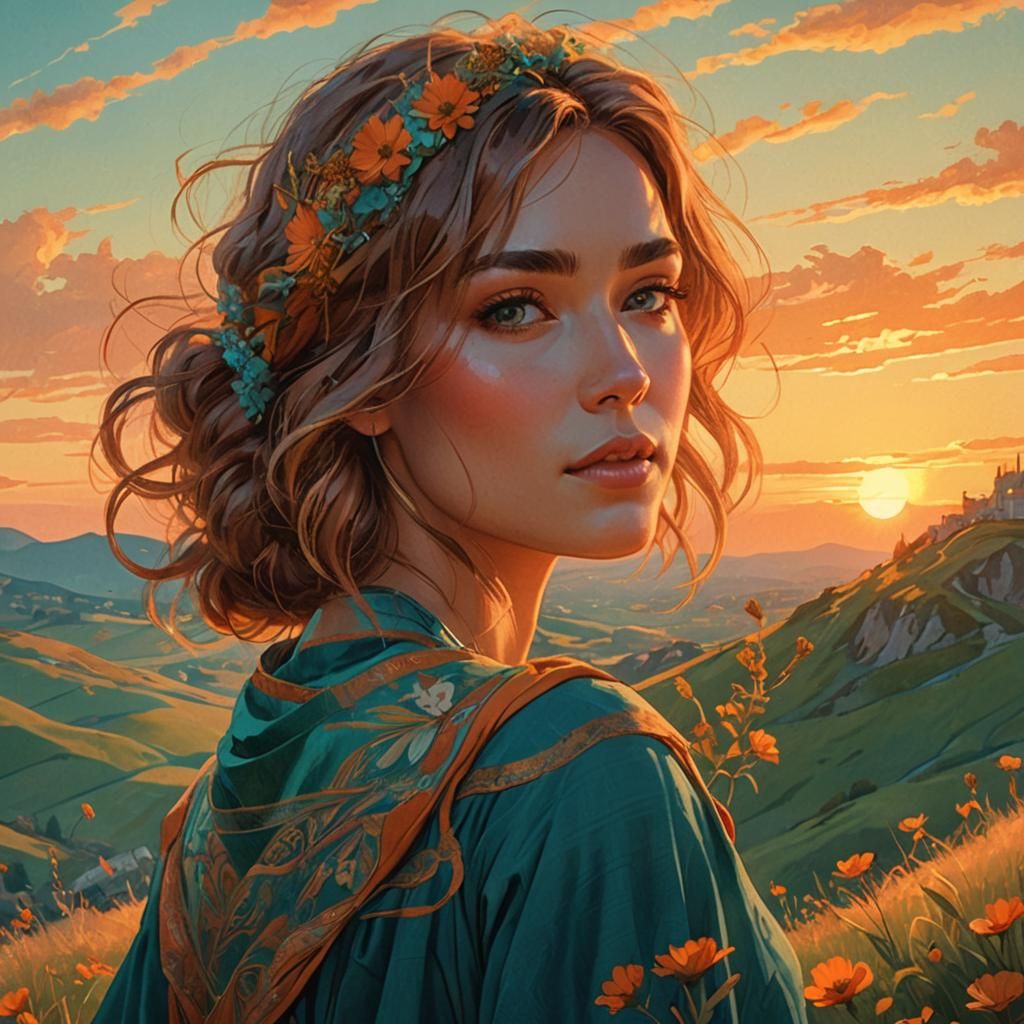 Girl Walking on Hill at Sunset in Art Nouveau Style