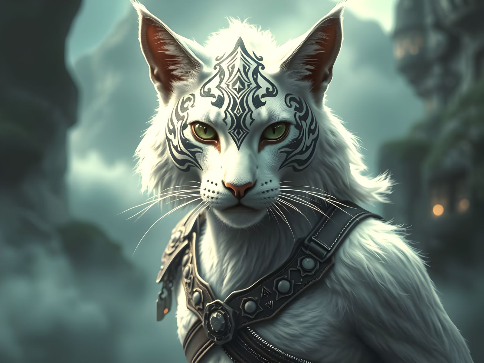 Epic Tattooed Cat Warrior in Foggy Blue Scene