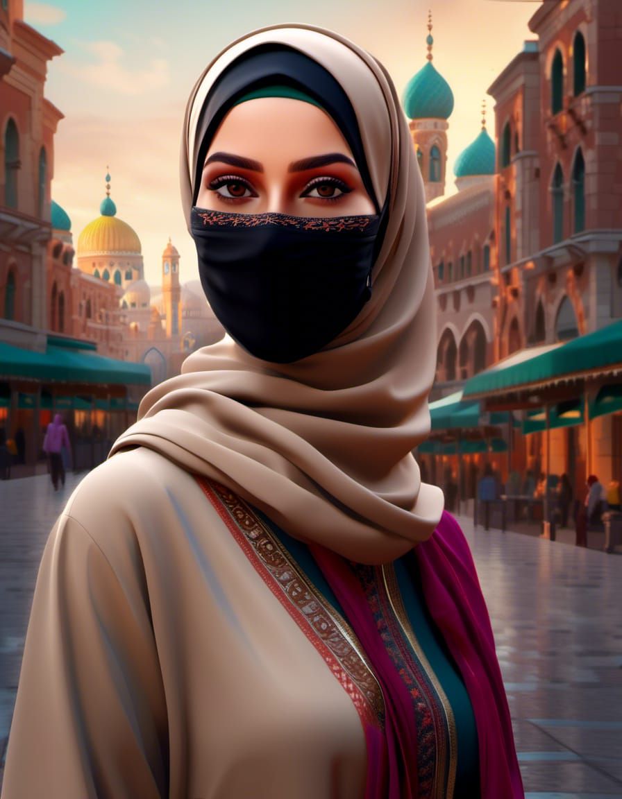 Hijabi Woman Portrait with Mask in Art Nouveau Style
