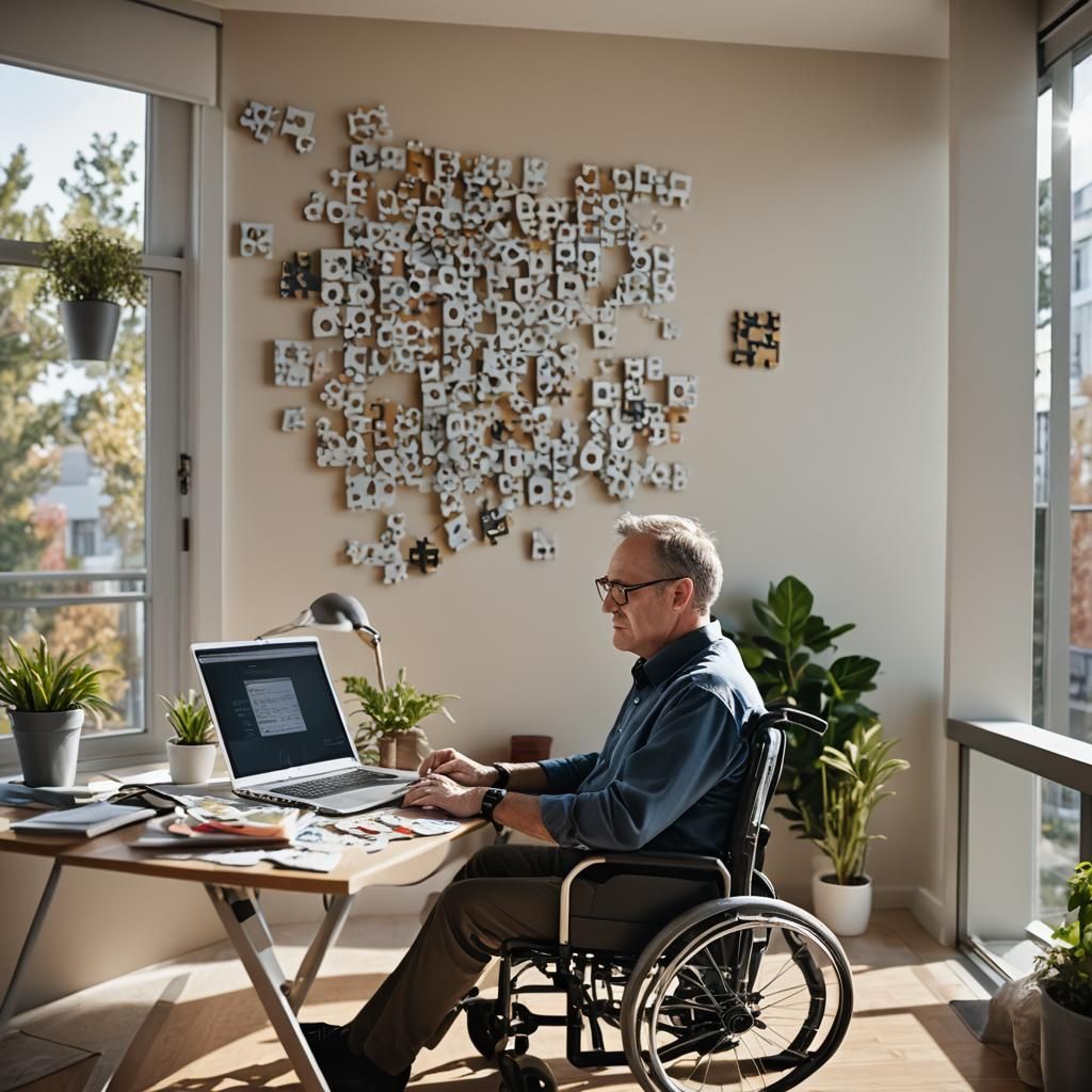 Data Analyst in Home Office with Puzzle Display