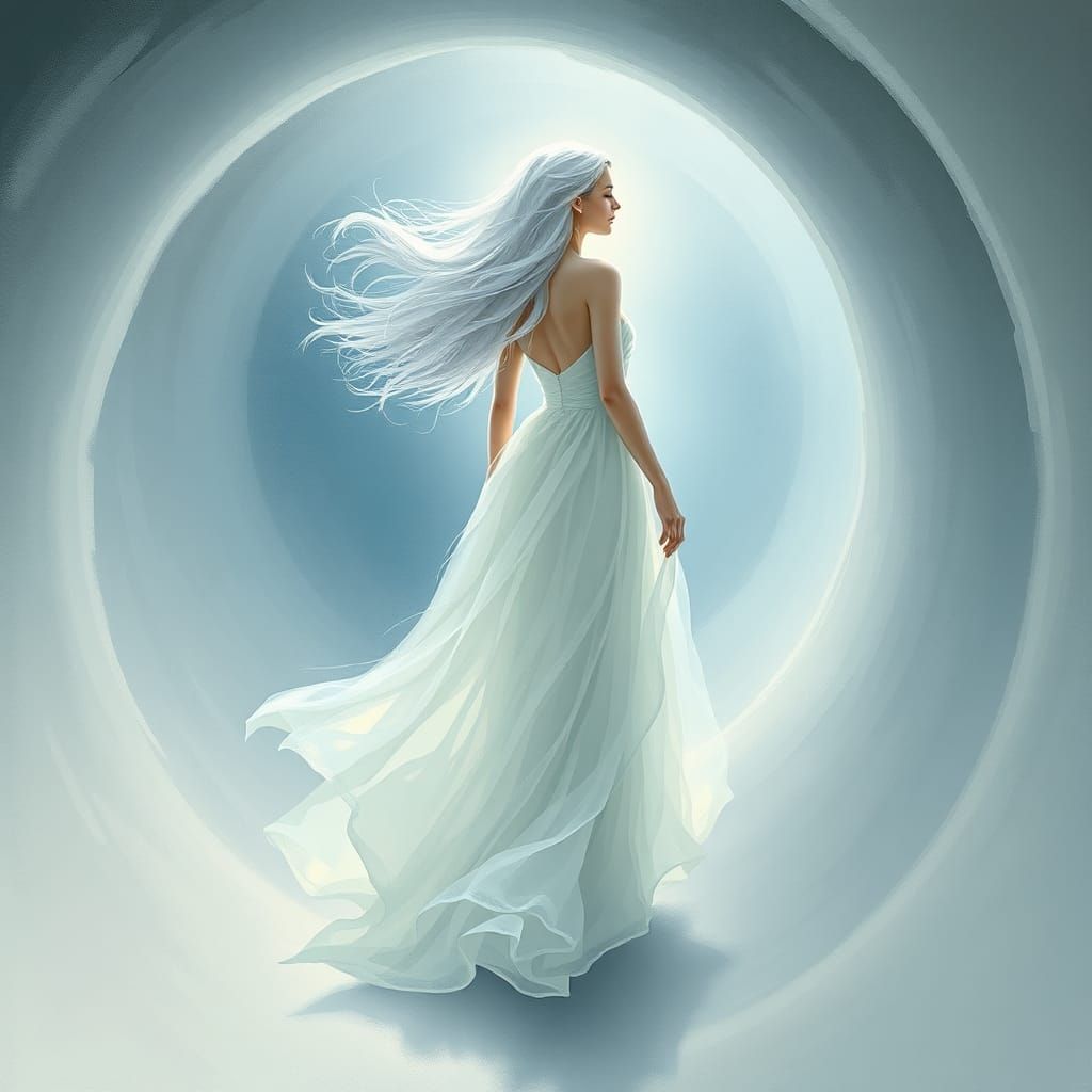 Ethereal Woman Walking Through Mystical Spiral
