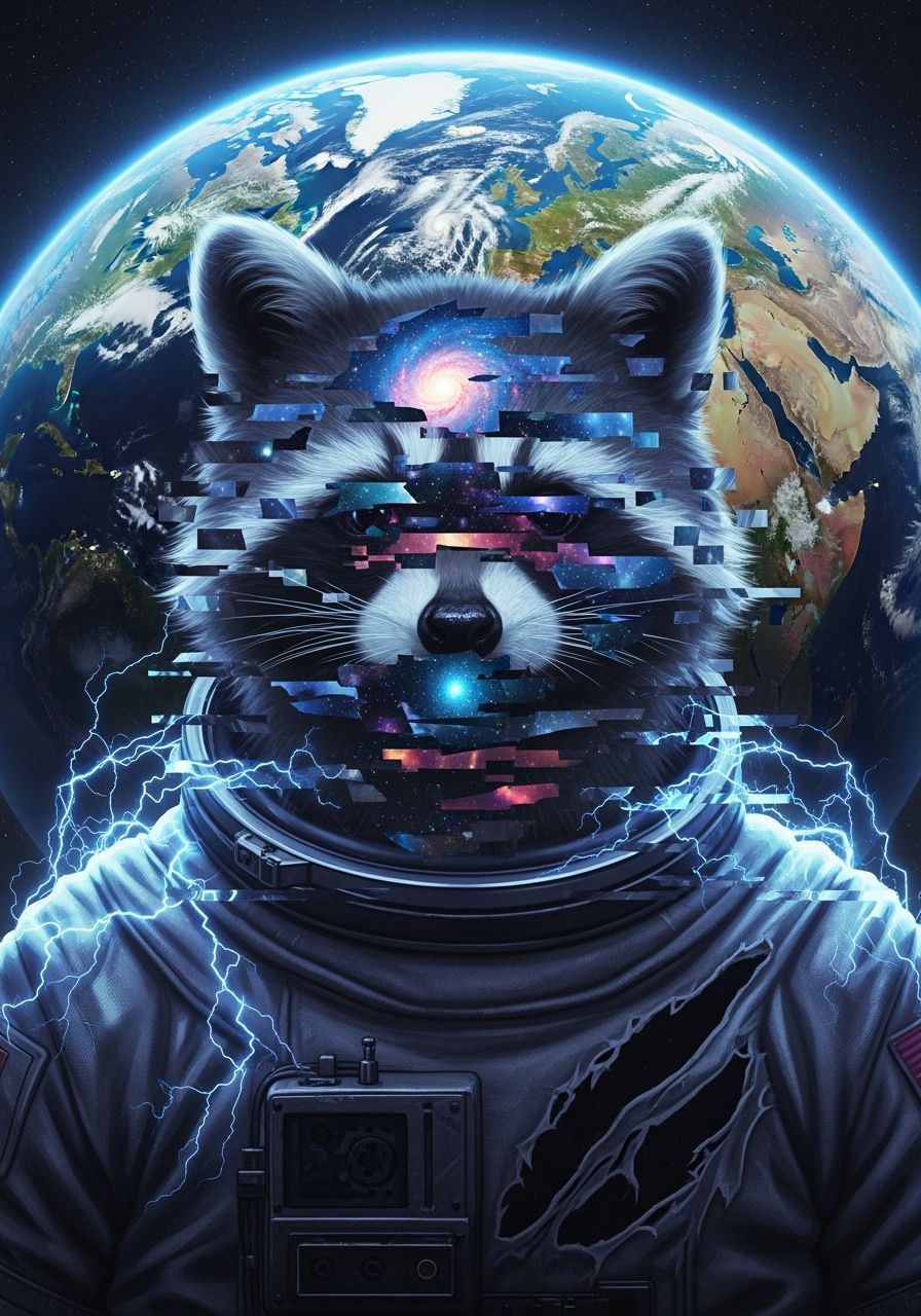 Glitch Art Raccoon Astronaut in Space