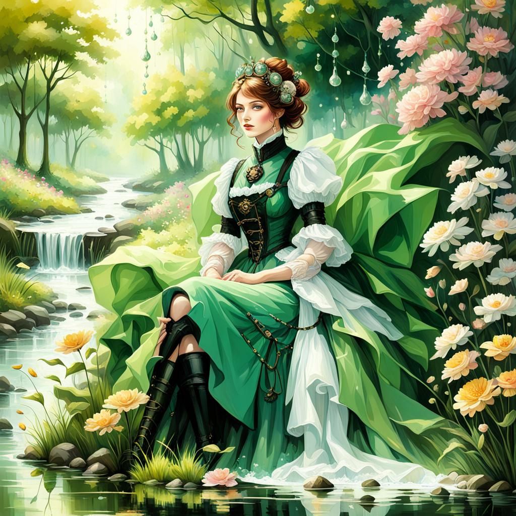 Steampunk Lady Watching Otters in Flower Meadow