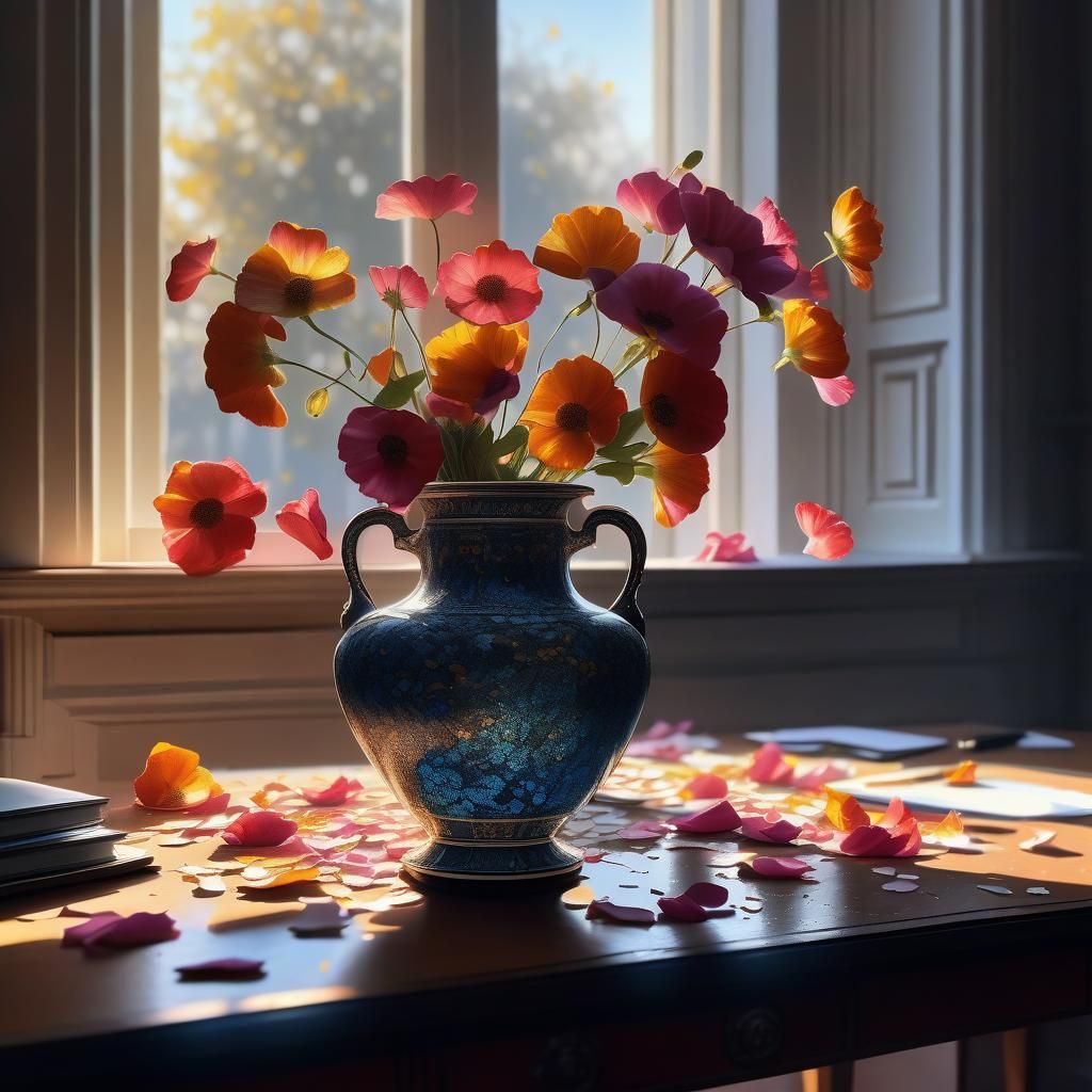 Hyperrealistic Broken Vase with Petals in Morning Light