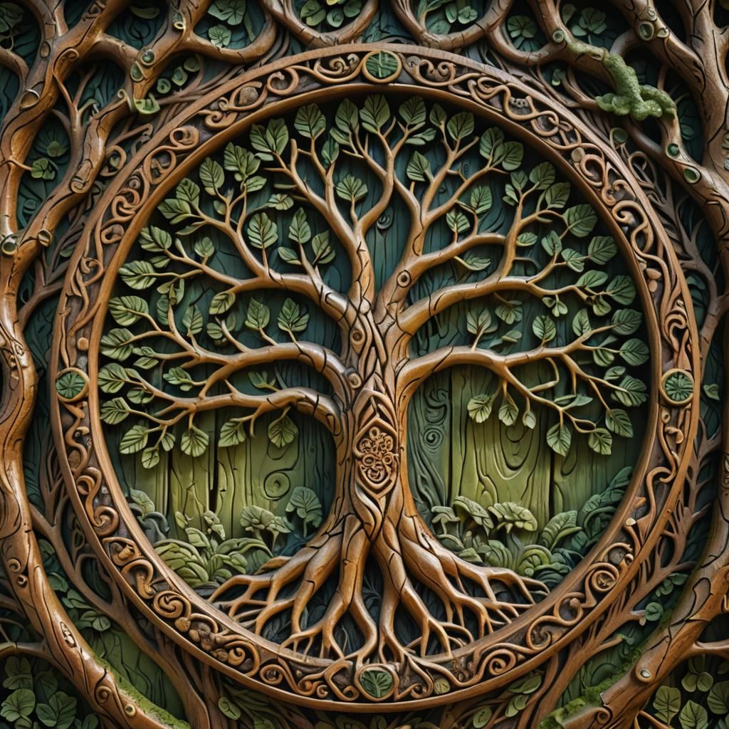 Intricate Carving of Yggdrasil in Folk Art