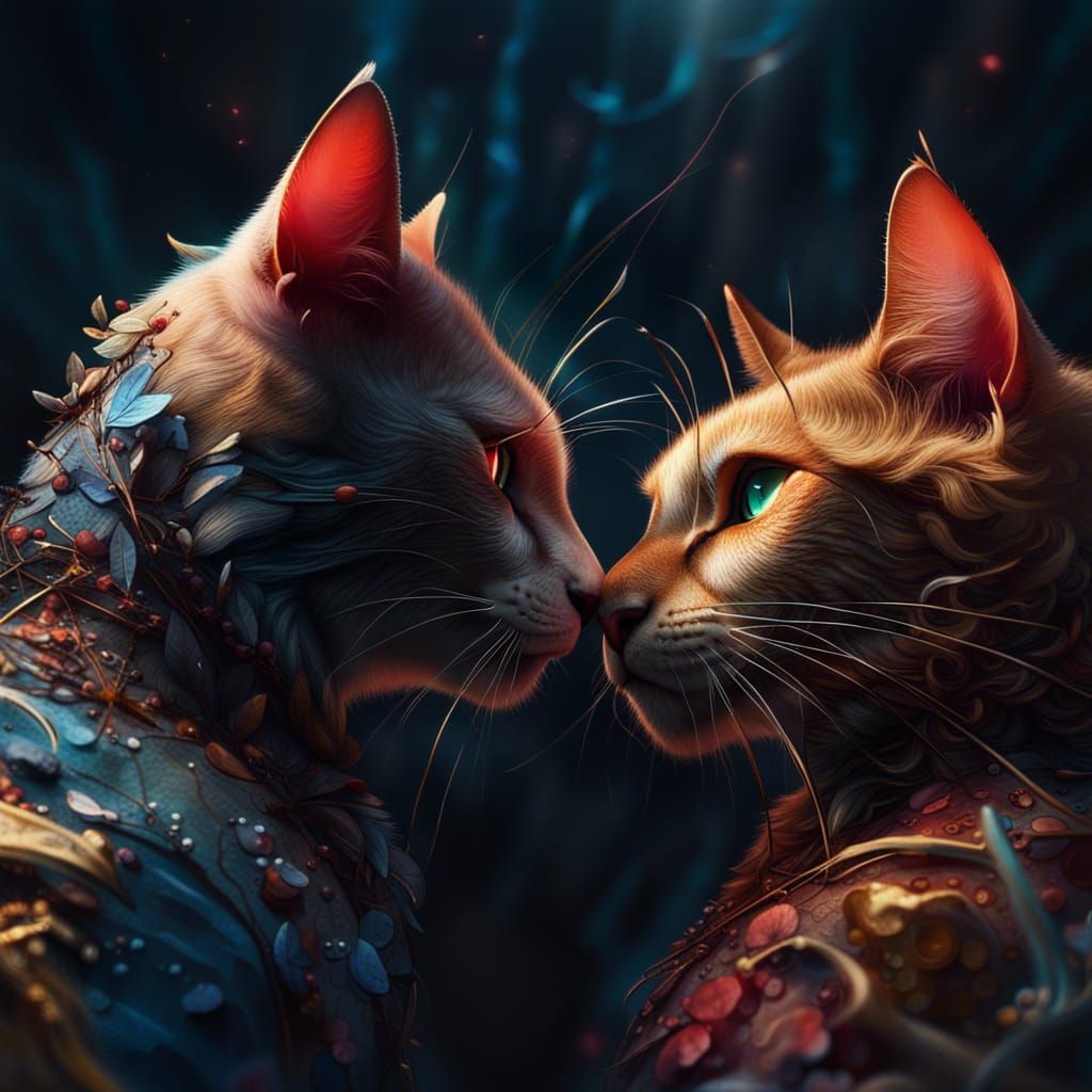 Two Cats Grooming in Detailed Matte Painting Style