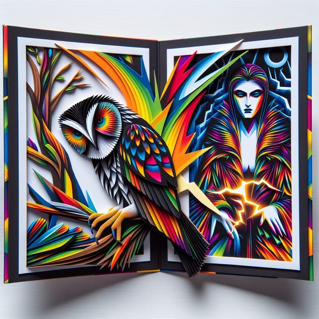 Rainbow Owl Pop-Up Book in Cubist Style