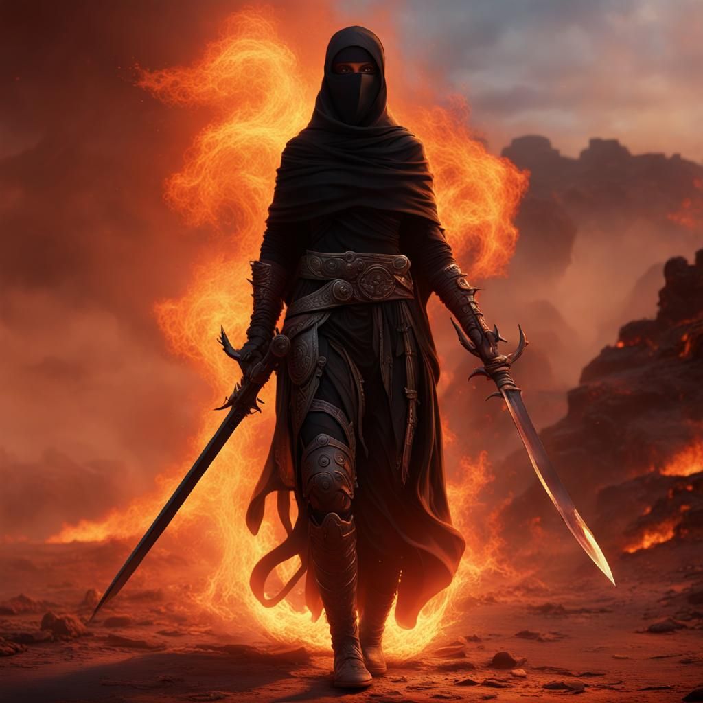 Niqabi Warrior Silhouette in Fire, Fantasy Concept Art