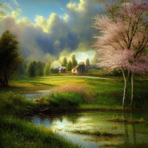 Idyllic Cottage Scene: Oil Painting of Cherry Blossoms and W...
