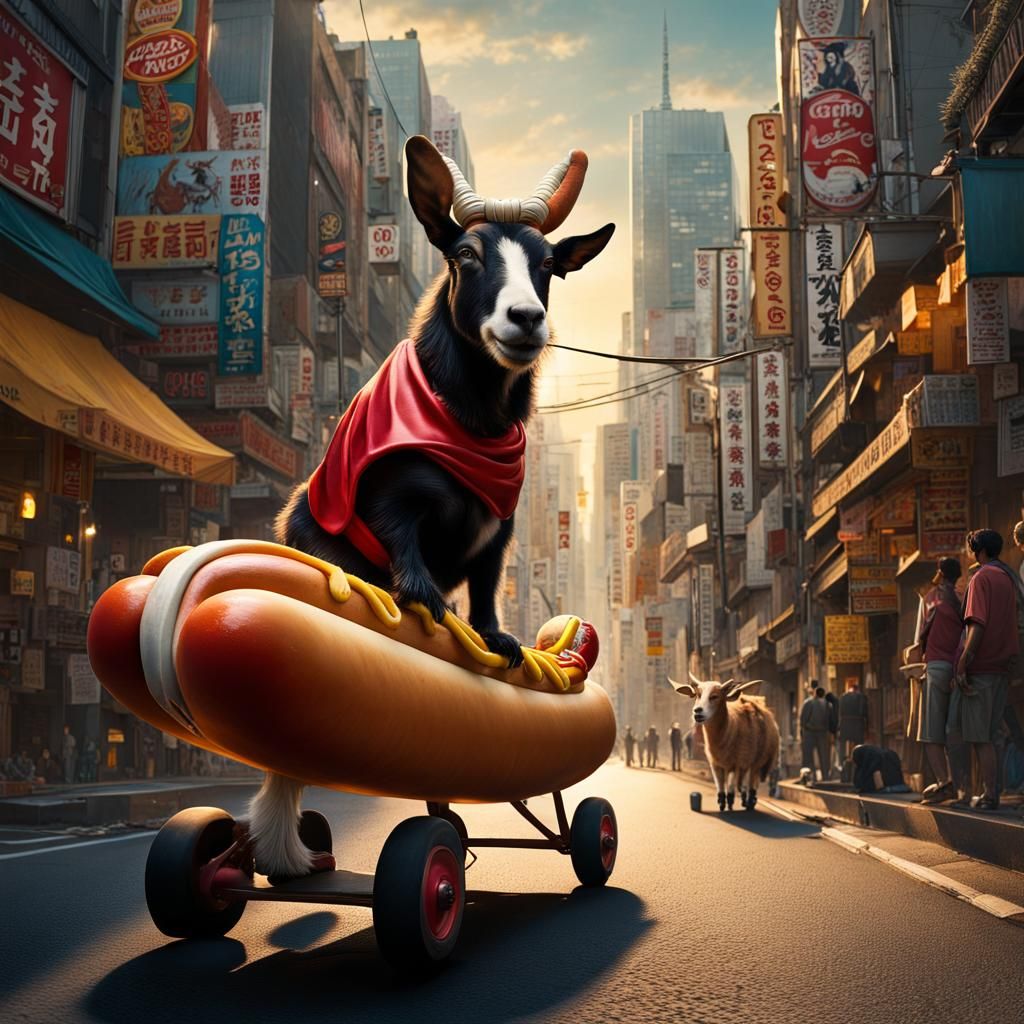 Personified Hot Dog Rides Goat in Tokyo