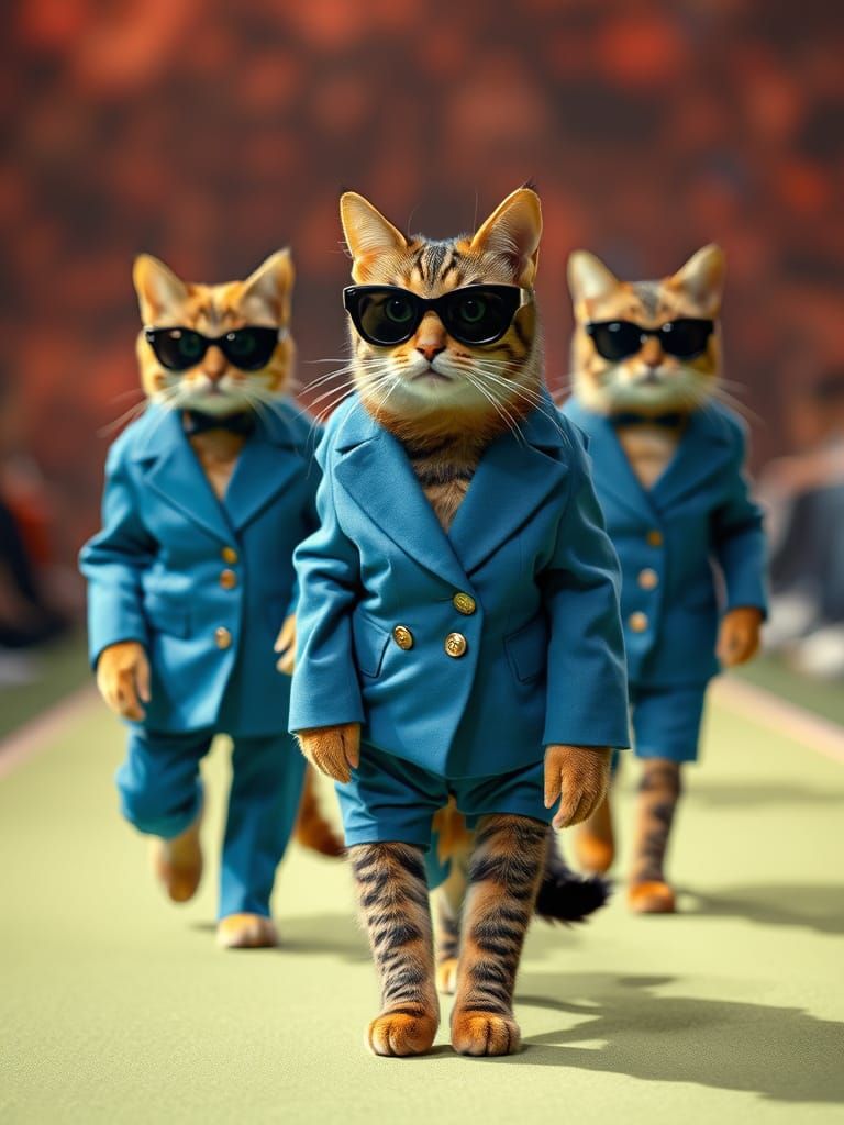 Feline Fashionistas Strut Down the Catwalk in Chic Blue Suit...