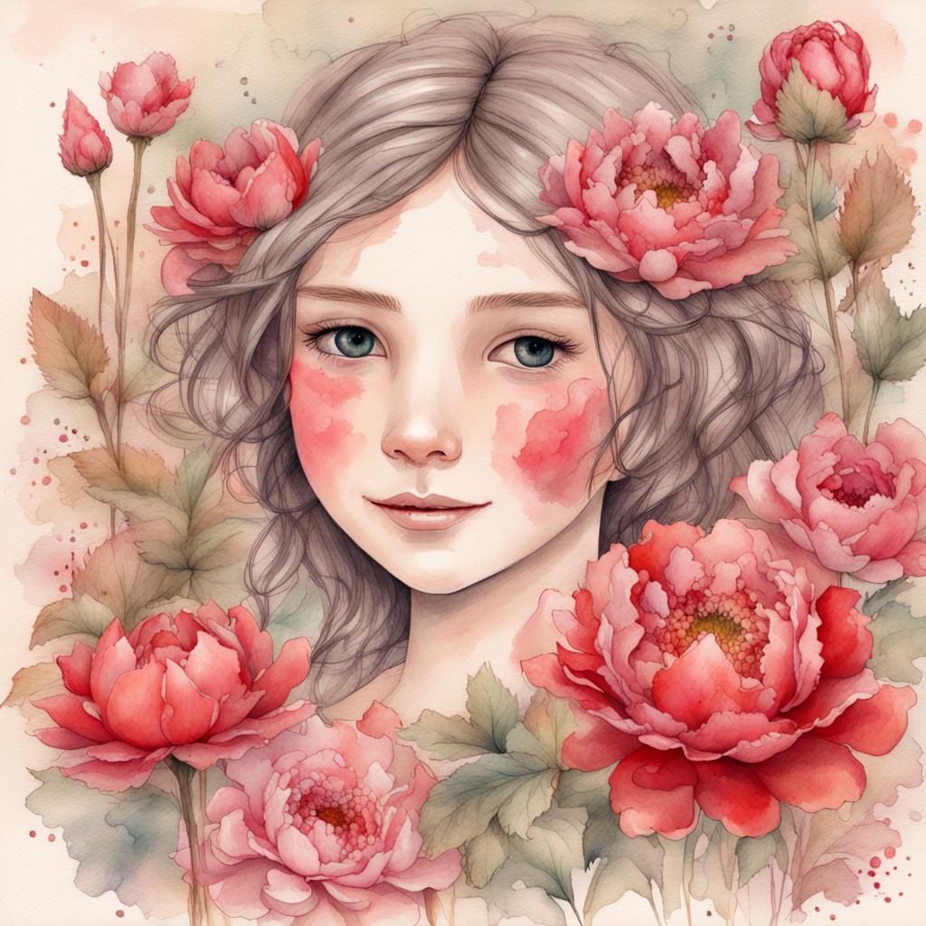 Smiling Girl with Peonies in Watercolor Style