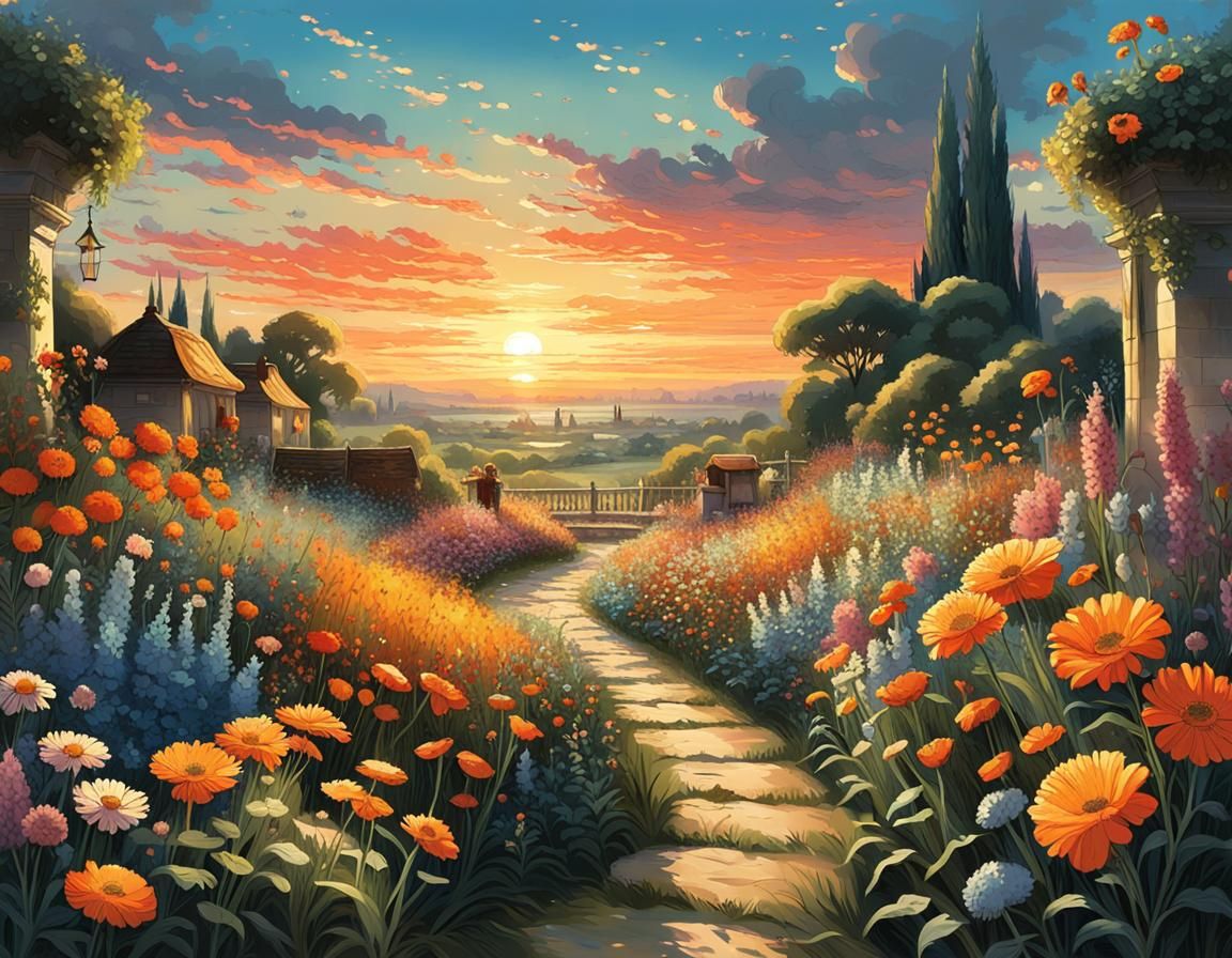 Vibrant Flower Garden at Sunset in Maximalist Style