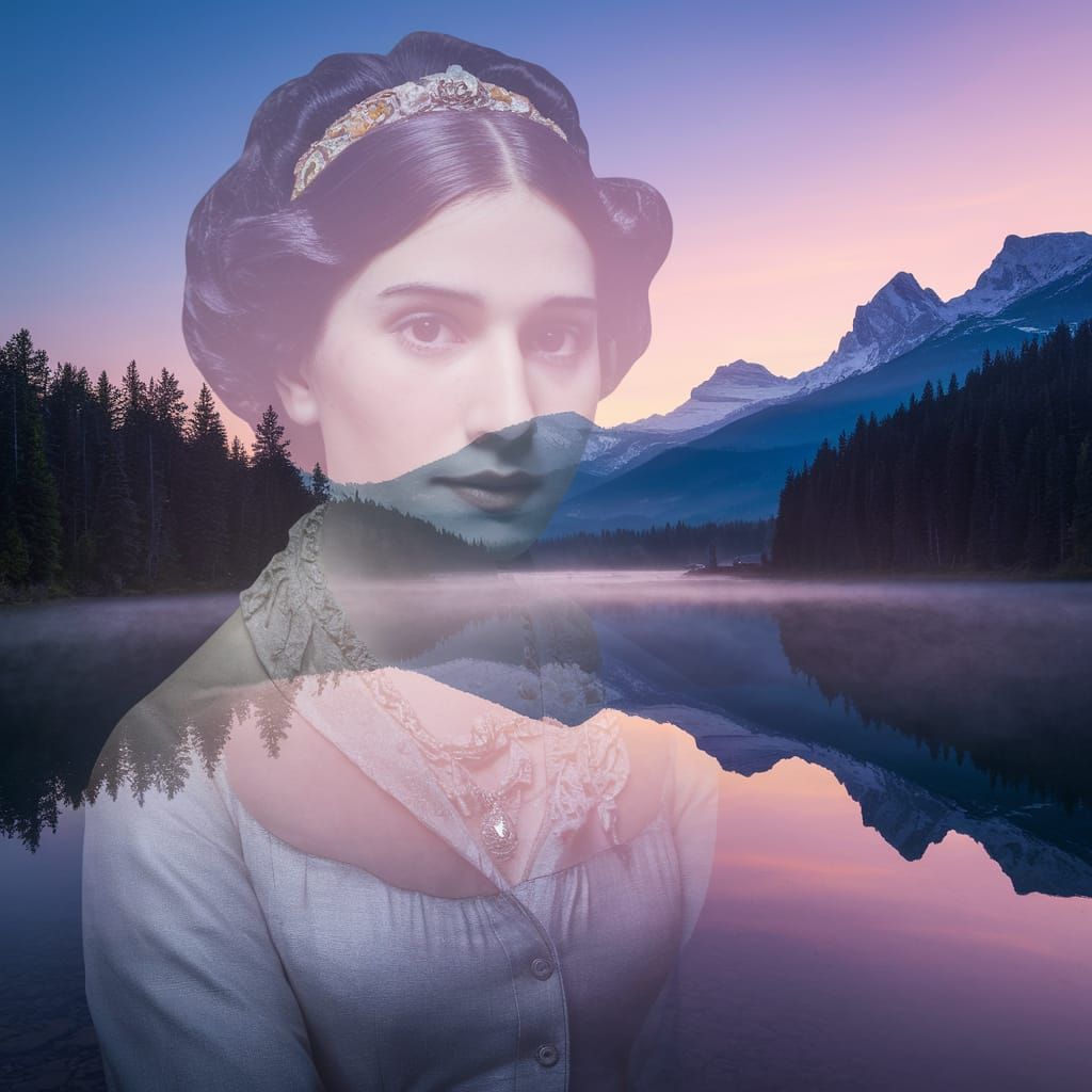 Double Exposure: Victorian Woman and Mountain Sunrise