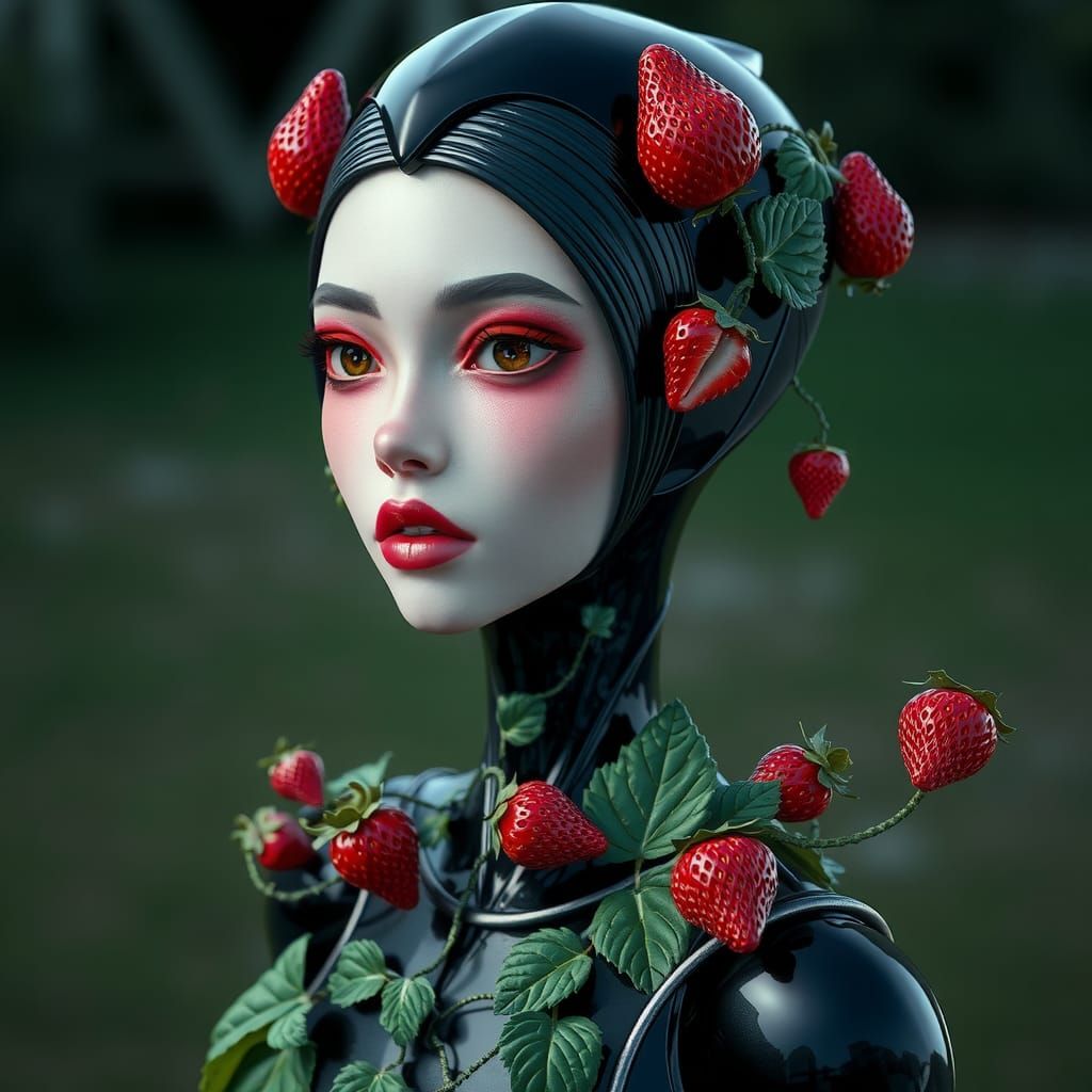 Strawberry Woman with Alien Headpiece: Surreal Futuristic Po...