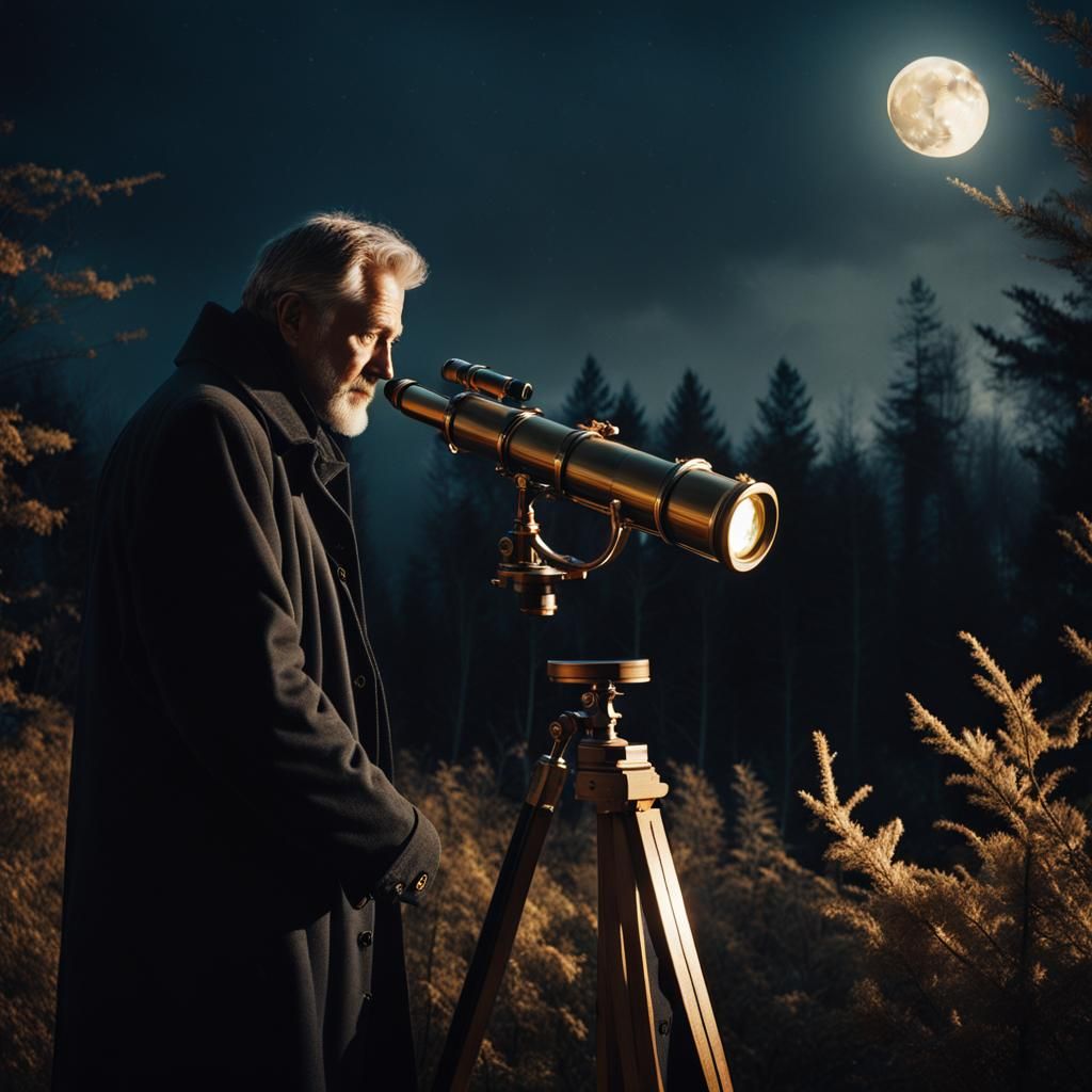 Man Gazing at Moon Through Telescope: Cinematic Still