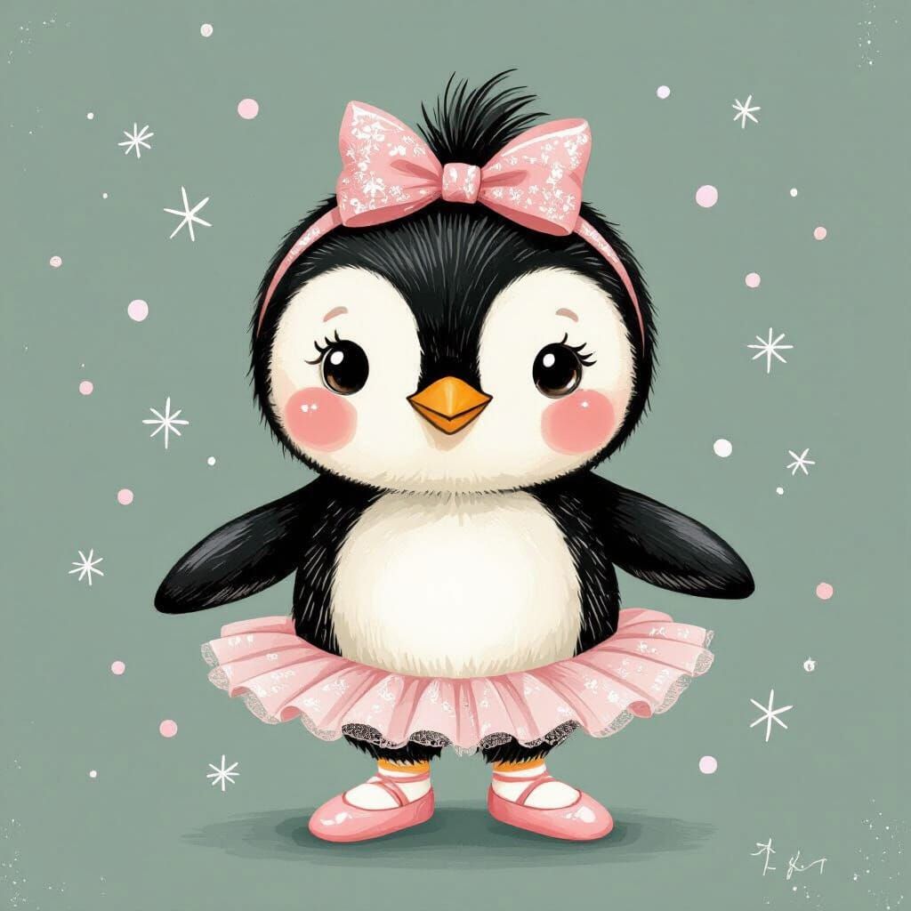 Ballerina Penguin in Whimsical Storybook Style