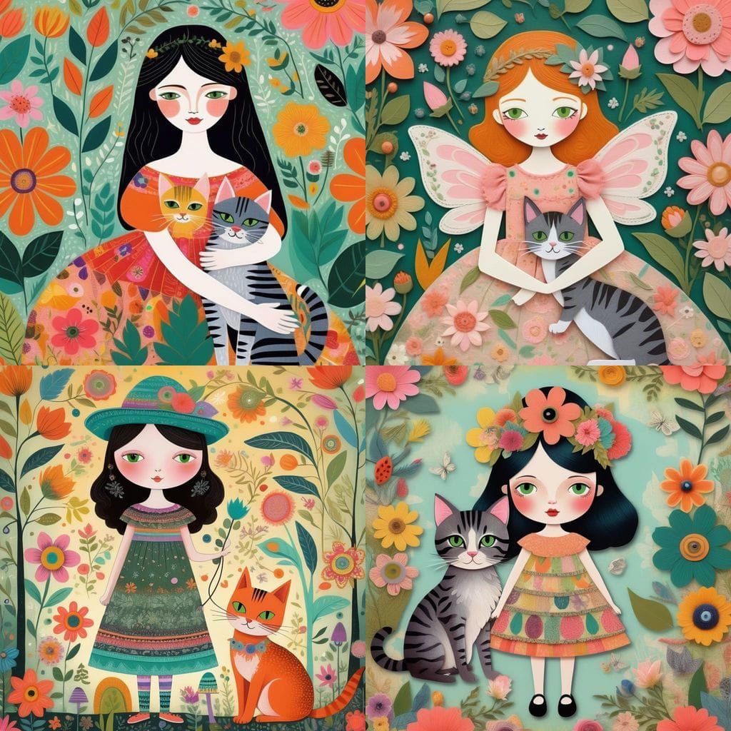 Whimsical Fairy Hugs Kitten in Vibrant Floral Wonderland