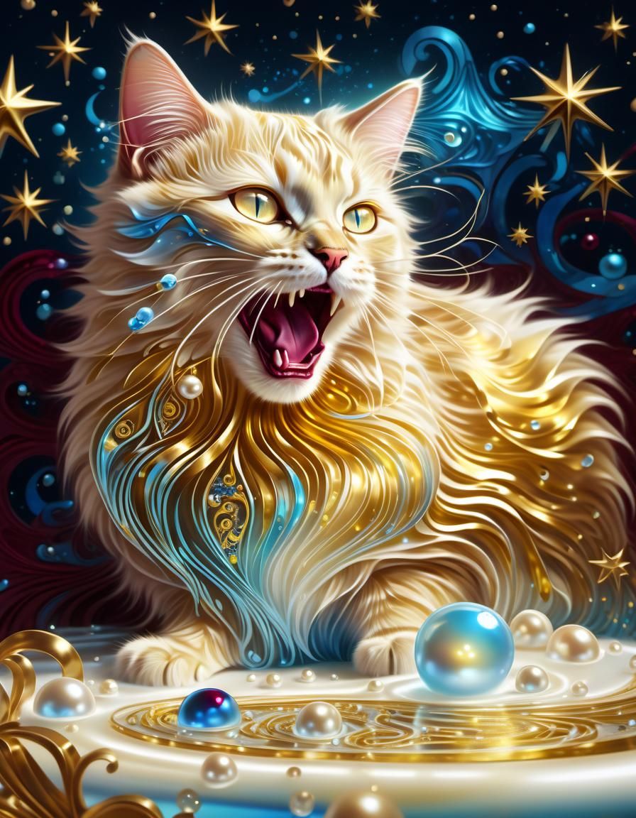 Luminous Water Cat Yawning in Bioluminescent Style