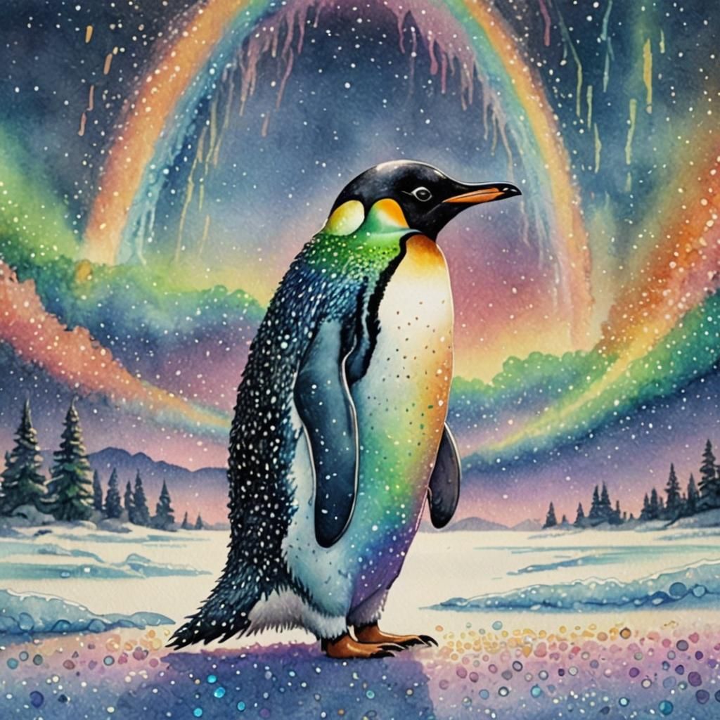 Pinguin im Polarlicht-Regenbogen: Ein Pinguin steht unter ei...