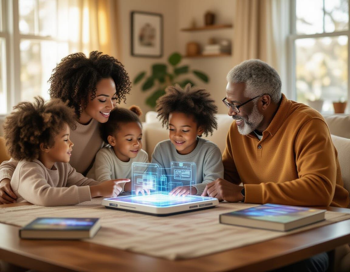 African American Family With Holographic Books