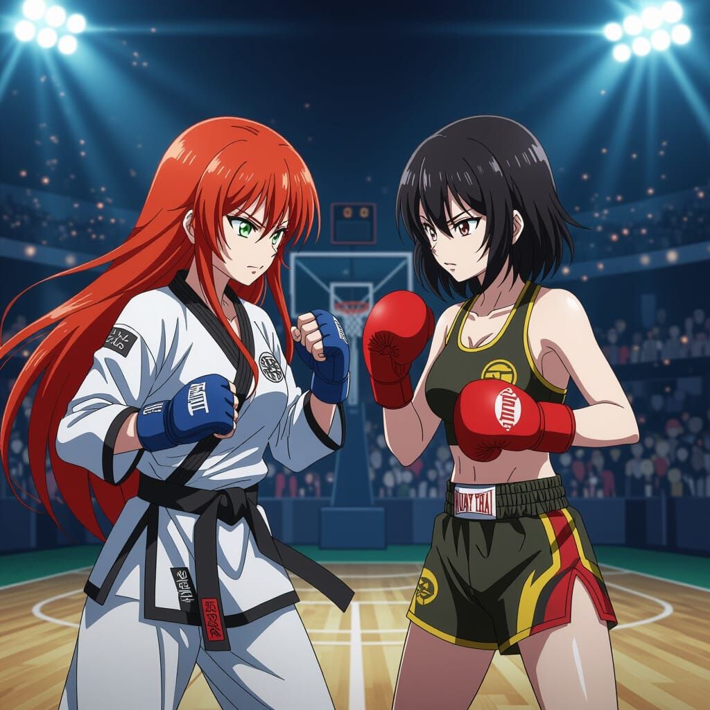 Anime Women Face Off on Basketball Court in Anime Style
