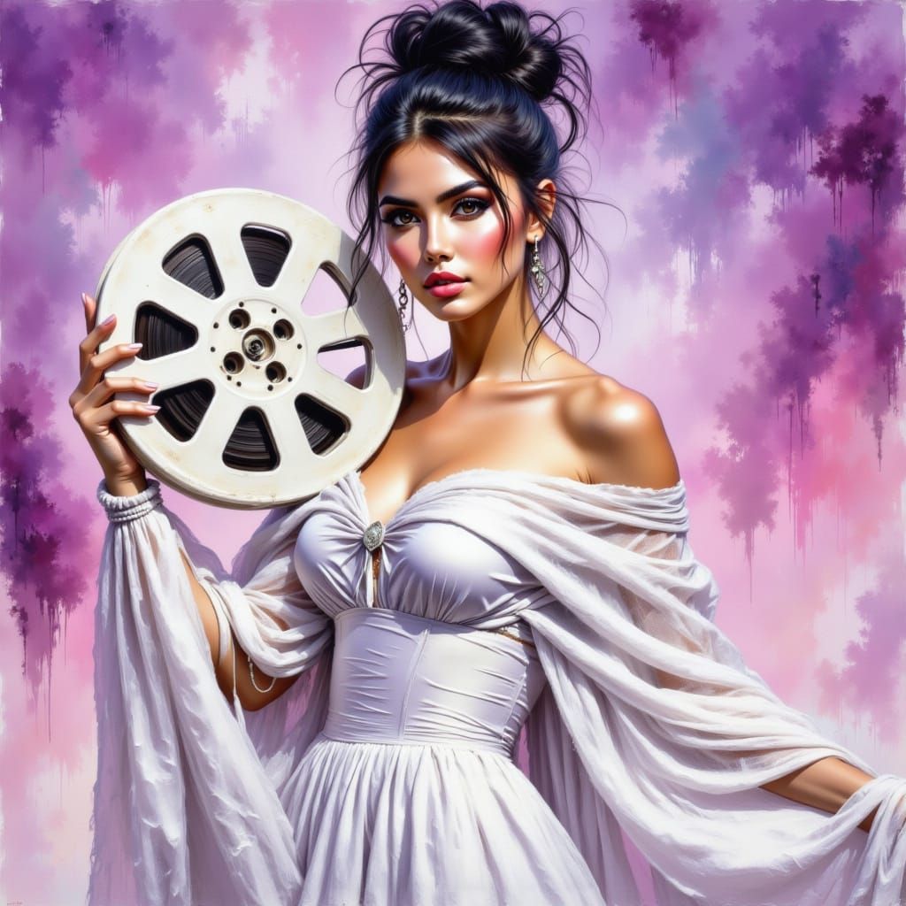 Elegant Woman with Film Reel in Watercolor Acrylic Style