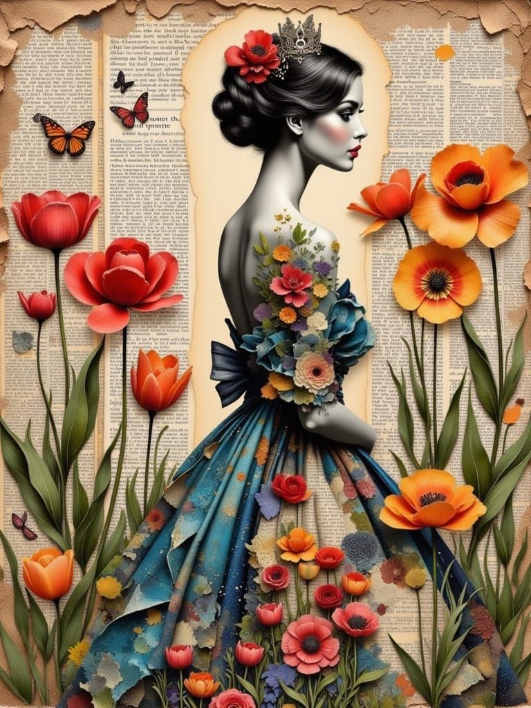 Vintage Woman in Newspaper Dress with Tulips