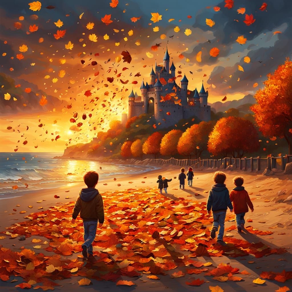 Autumn Castle Beach at Sunset with Playing Children