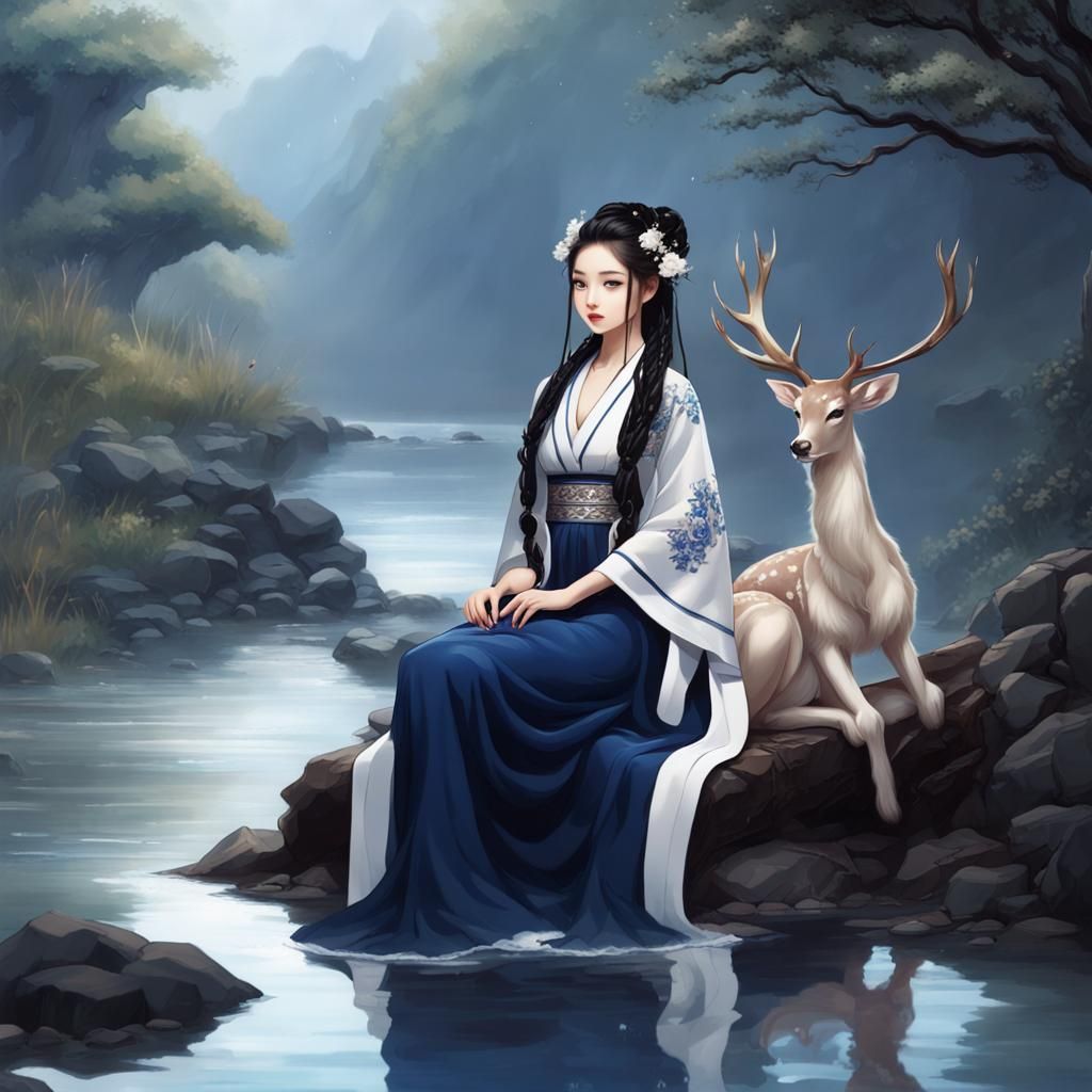 Xianxia Fantasy: Woman by Stream with Deer