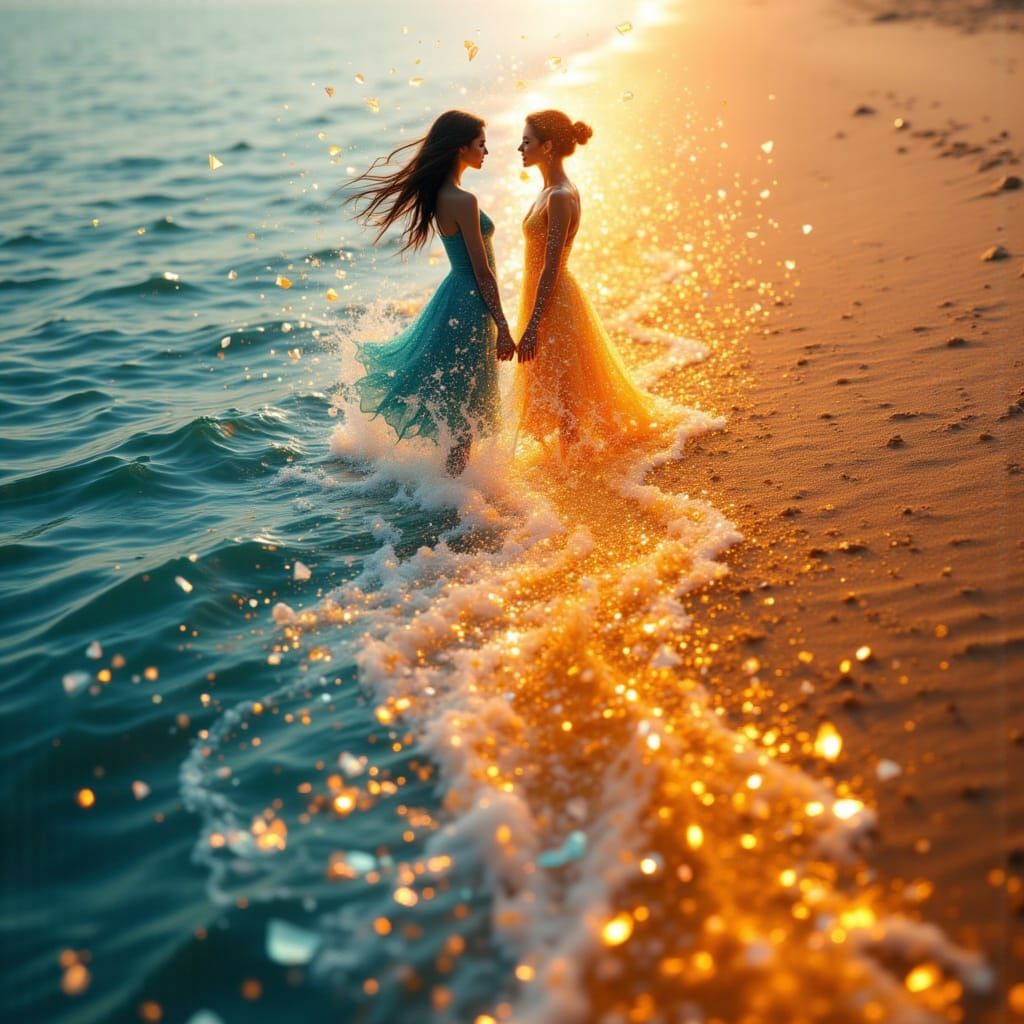 Two Dancers Mirrored by River and Dune in Surreal Style