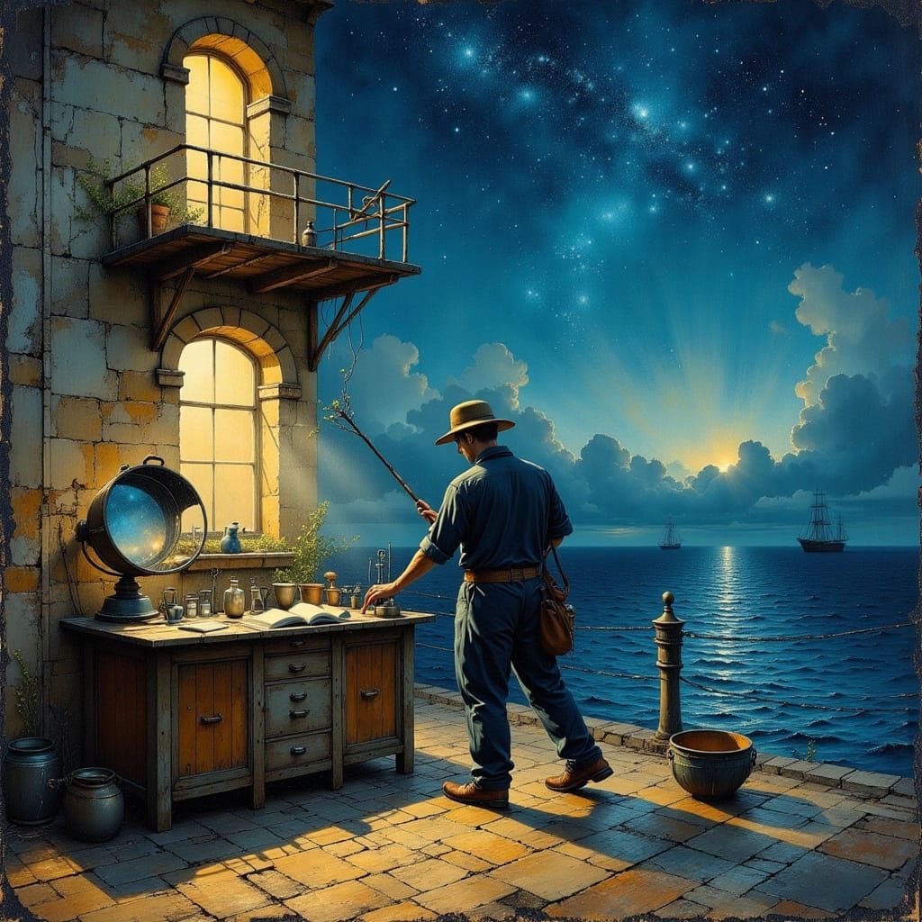 Lighthouse Keeper Polishing Lens in Serene Oil Painting Styl...