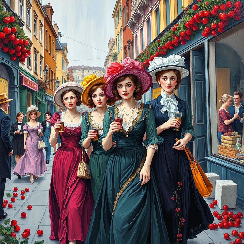 Victorian Ladies Stroll Through Cherry Blossom Street Scene