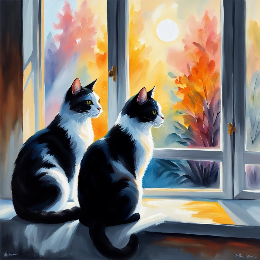Black and White Cats in Warm Light: Oil Painting