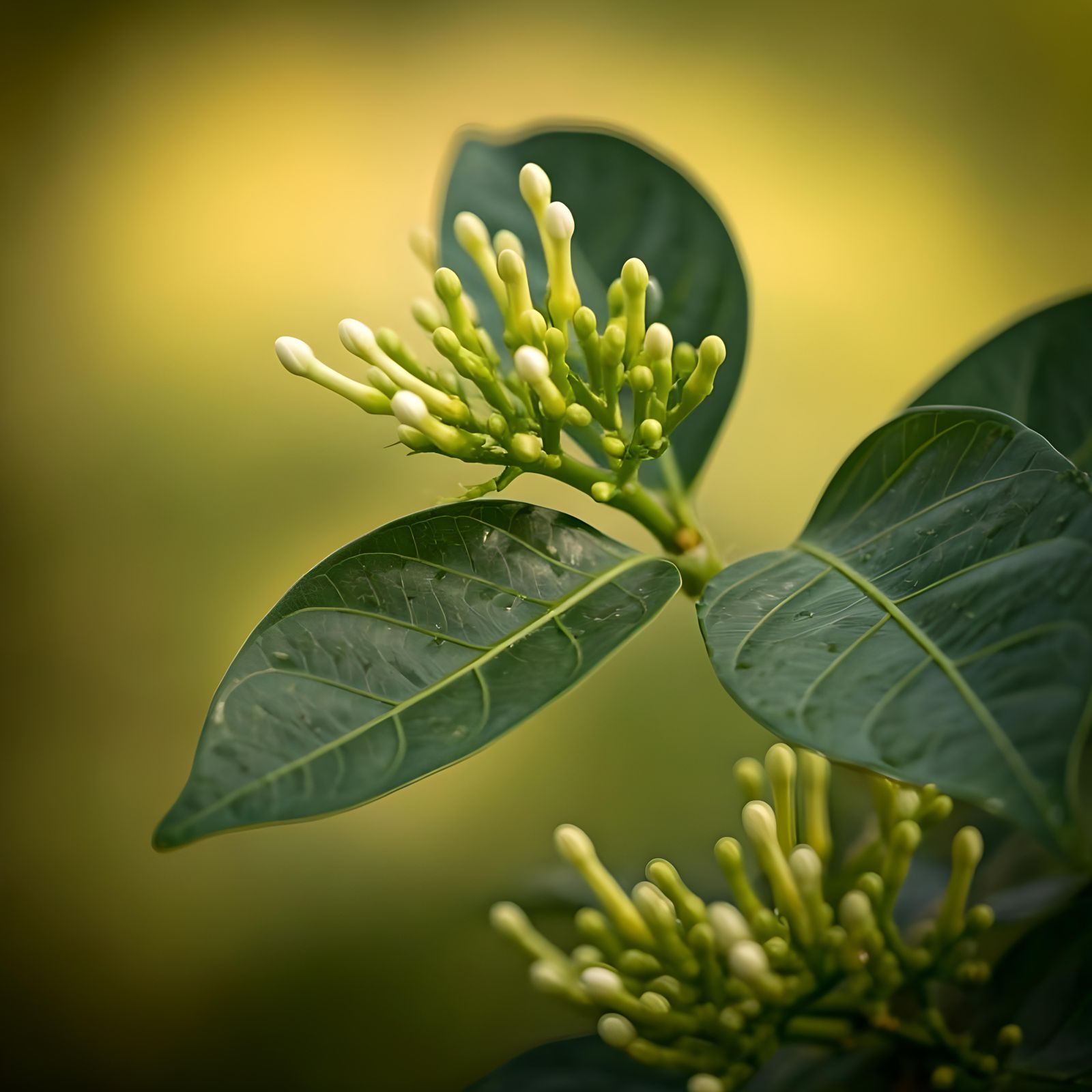 Lush Alphitonia Leaves with Dewdrops and Buds