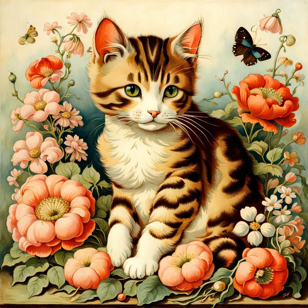 Cute Cat Surrounded by Flowers in Watercolor Style